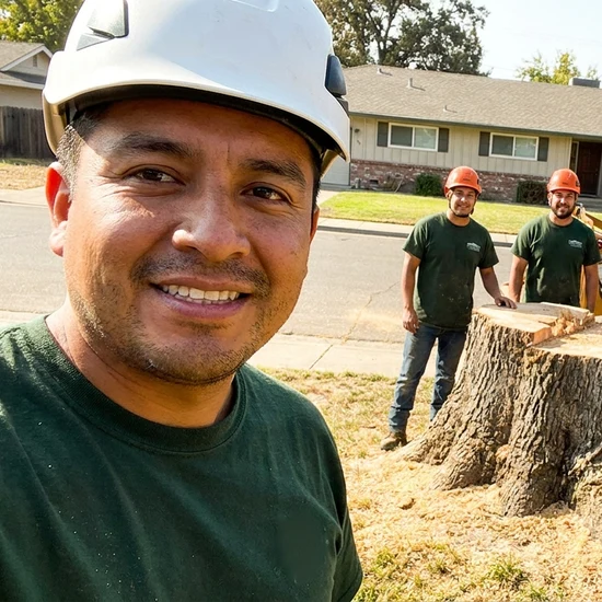Smiling Baywood Services crew selfie after removing a large oak in Green Bay