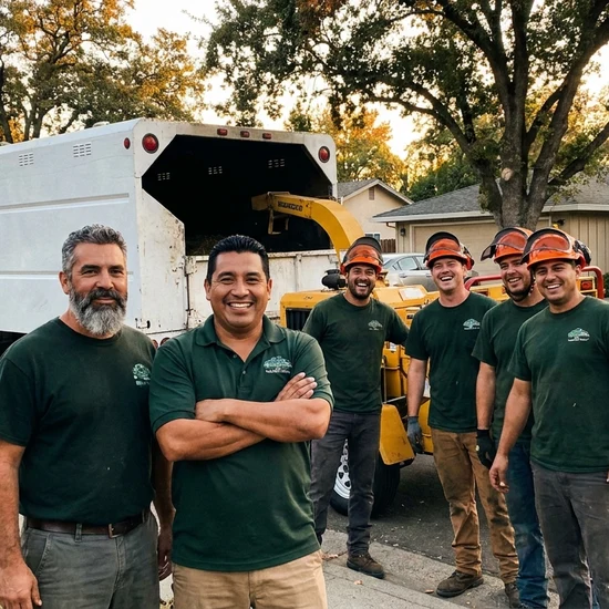 Tree service owner and crew with chip truck on a Green Bay street