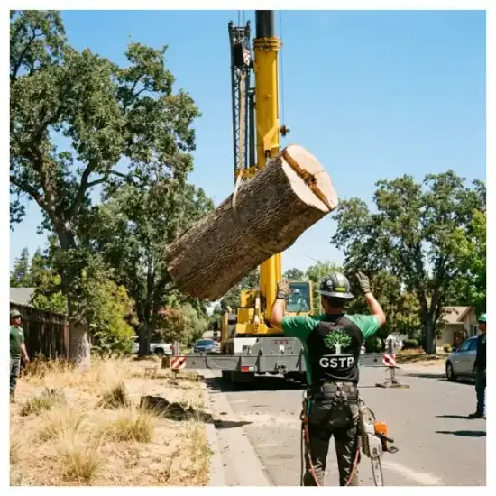 Crane lowering a tree section during a Green Bay removal
